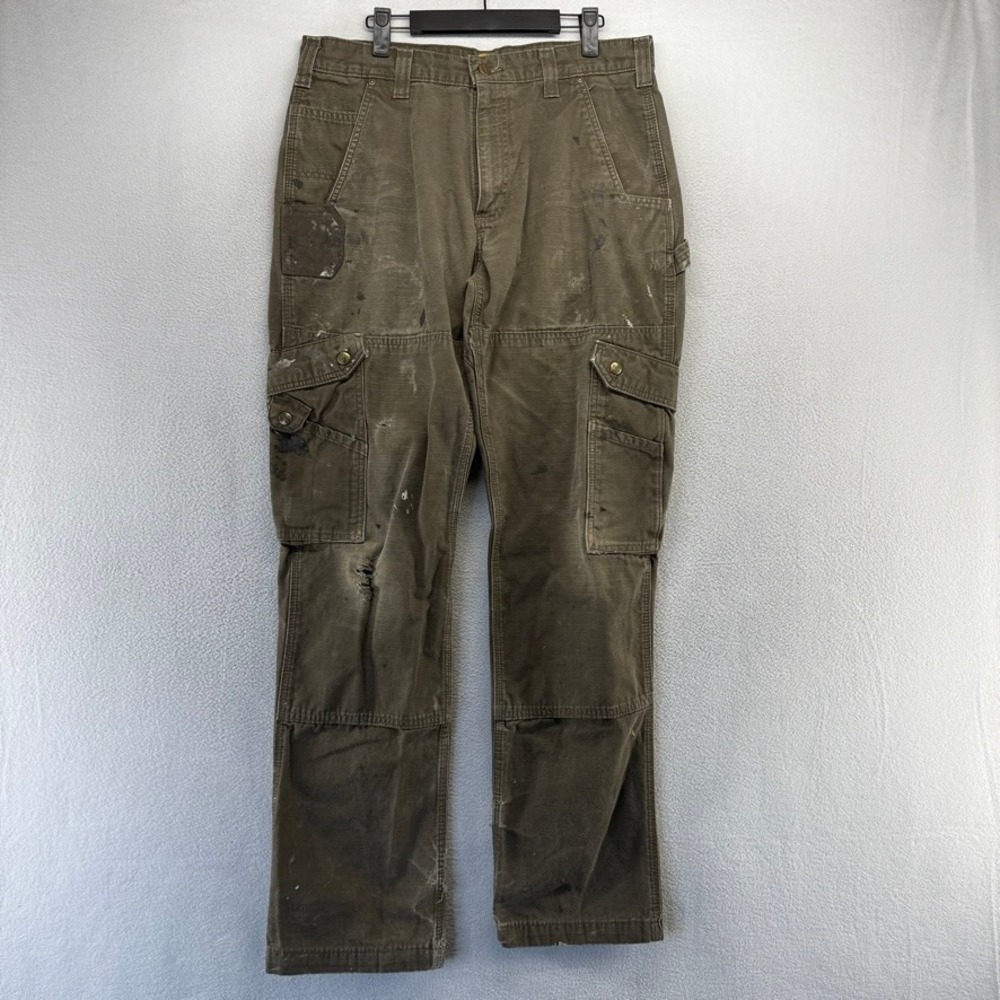Carhartt Cargo Pants Mens 34x34 Brown Ripstop Workwear Distressed Heavy Wear